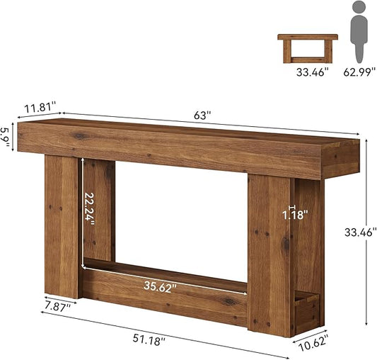 63-Inch Entryway Table, Farmhouse Solid Wood Console Table with U-Shaped Base, 2-Tier Narrow Long Sofa Table Behind The Couch for Living Room, Hallway, Foyer, Entrance, Rustic Brown