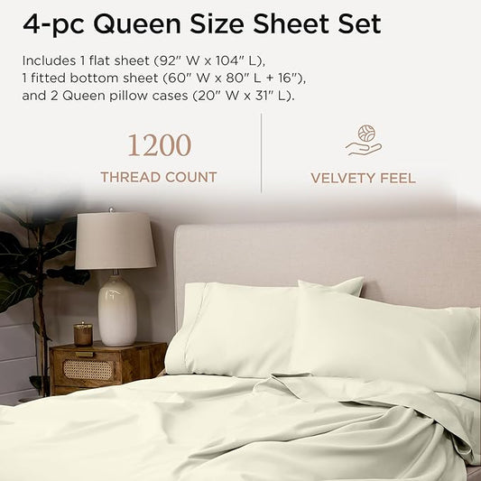 Threadmill Luxury 100% Supima Cotton Sheets, Premium 1200 Thread Count Cotton Sheets for Queen Size Bed, 4 Pc Ivory Bed Sheets Queen Set, 5-Star Hotel Quality Elasticized Deep Pocket Bed Sheets Set