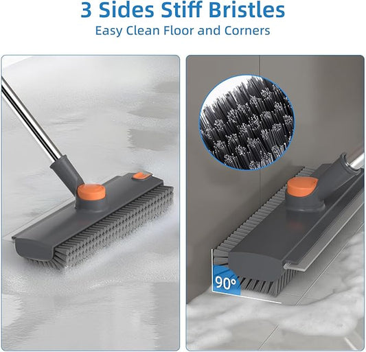 Scrub Brush with Long Handle, Floor Scrub Brush Squeegee Broom for Cleaning, 3 in 1 Shower Scrubber Floor Broom Squeegee for Concrete Tile Wall Deck Patio Grey