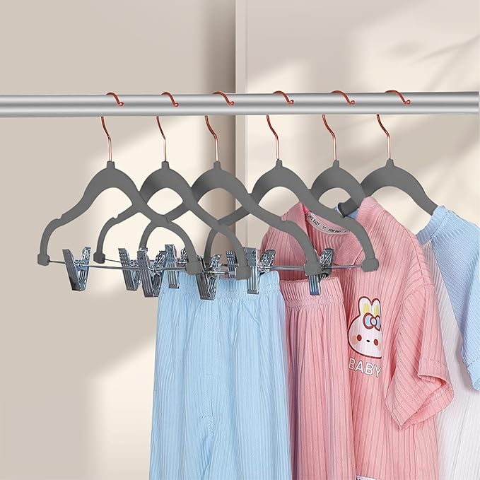 Stormix Baby Hangers - 24 Pack Non-Slip Kids Hangers with Clips, Heavy-Duty for Shirts, Pants, Skirts, Dresses, Jackets, Coats - Rose Gold Hooks