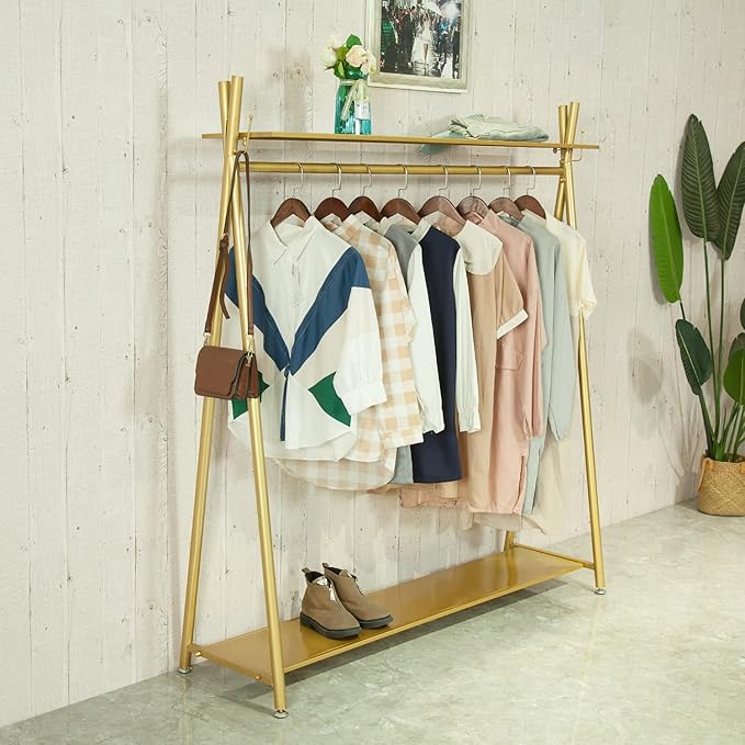 Clothes rack Gold, Freestanding Industrial Garment Rack with Double shelves Multi-functional Bedroom Hanging Clothing Rack,Heavy Duty Movable Coat Rack for Organizing Clothes and Shoes (39'' L)
