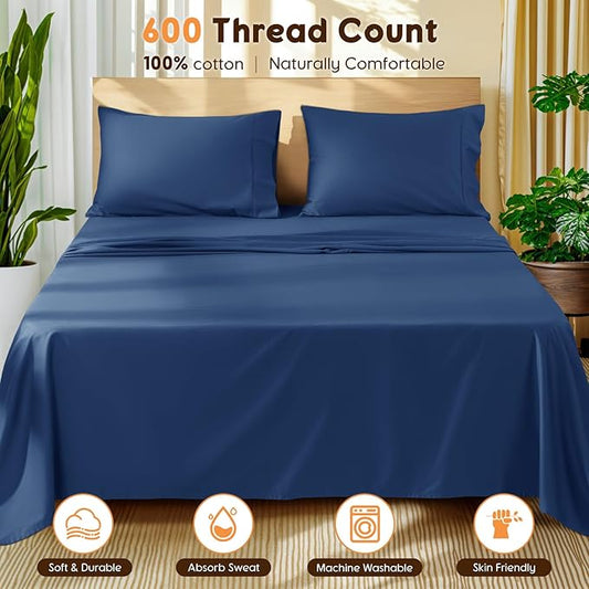 LBRO2M 100% Cotton Sheets Set King Size 600 Thread Count Sheet 4 Piece Sets Bed Sheet Deep Pocket Up to 16" Soft Comfortable All Season (King, Navy Blue)