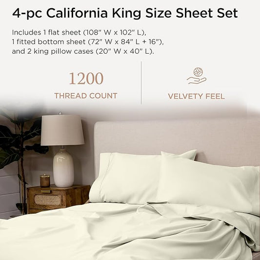 Threadmill 100% Supima Cotton Sheets, 1200 Thread Count Cotton for Cal King Size Bed, 4 Pc Ivory Cal King Bed Sheets Set, 5-Star Hotel Quality with Elasticized Deep Pocket King Sheets