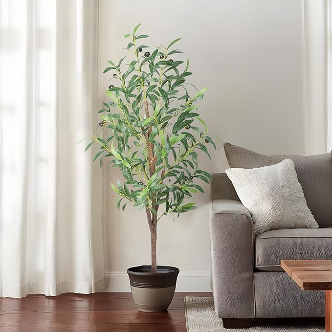 Artificial Olive Tree, 4FT Tall Faux Olive Trees 48in Outdoor Fake Potted Silk Plant with Trunk and Realistic 436 Leaves and 16 Fruits for Modern Office Home Decor(1pack)