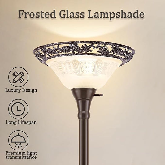 Luvkczc Torchiere Floor Lamp for Living Room - 70" Victorian Floor Lamp with with Etched Glass Shade, Vintage Standing Corner Tall Reading Light for Bedroom Office