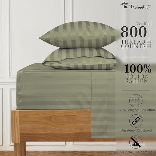 URBANHUT 800 Thread Count Egyptian Cotton Damask Striped Full Size Sheets Set (4 Pc) - Ultra Soft & Smooth, Sateen Weave Full Size Bed Sheets, Luxury Hotel Sheets with 16" Deep Pocket - Sage