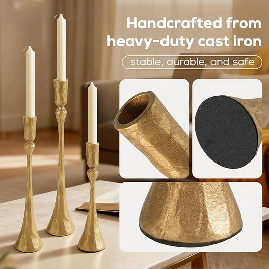 Vintage Gold Taper Candle Holders Set of 3 Cast Iron Antique Brass Decorative Candlestick Holder for Wedding Dining Table Party Rustic Home Decor