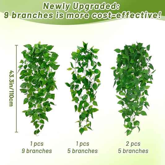 BLEUM CADE 4Pcs Fake Hanging Plants, 9 Branch Artificial Hanging Plant, Lush Faux Pothos Vines for Home Room Wall Shelf Porch Outdoor Indoor Decor (No Baskets)