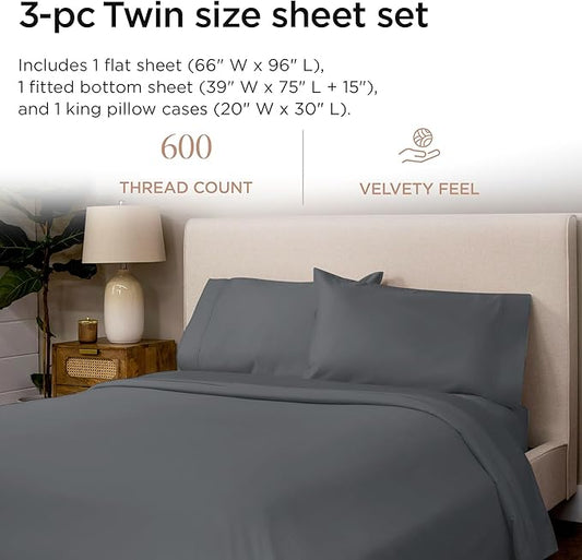 Hotel Quality Luxury 600 Thread Count 100% Cotton Twin Size Sheets, 3 Pc Sateen Weave Dark Grey Sheet Set, Premium Soft Sheets with Elasticized Deep Pocket by Threadmill
