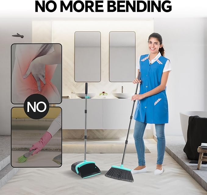 Broom with Dustpan Combo Set, Floor Scrub Brush,Self-Cleaning with Dustpan Teeth,for Indoor Outdoor,Smooth Floors,Bathroom Kitchen (Black)