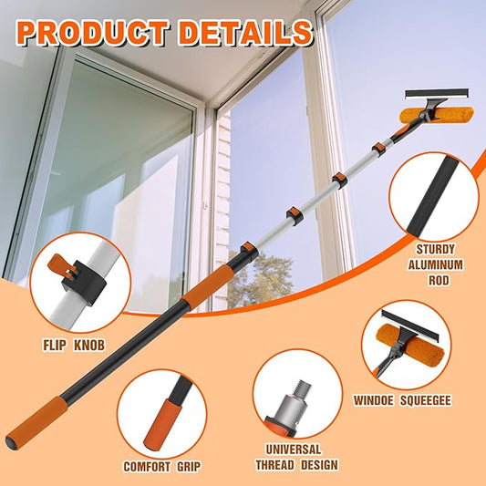 36FT Reach Window Squeegee with Extension Pole, 2-in-1 Professional Window Washing Kit for Home, Indoor Outdoor Squeegee with Rotatable Head for High Windows