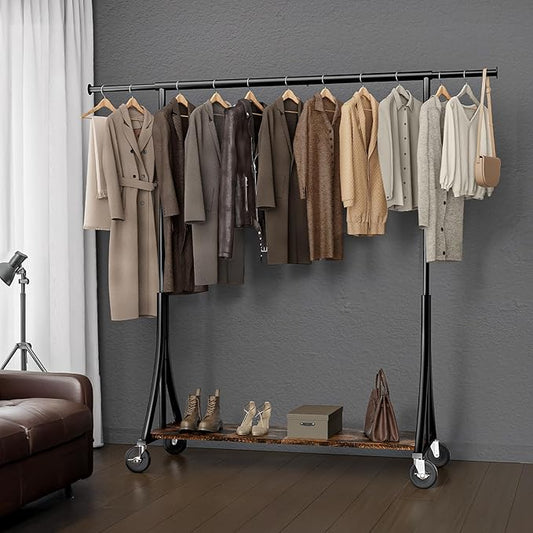 MAXLEAD Clothes Rack, Clothing Rack with Wood Shelves 500 LBS Heavy Duty Garment Rack for Hanging Clothes Portable Closet Sturdy Coat Rack for Bedroom, Living Room, Laundry, Balcony, Black