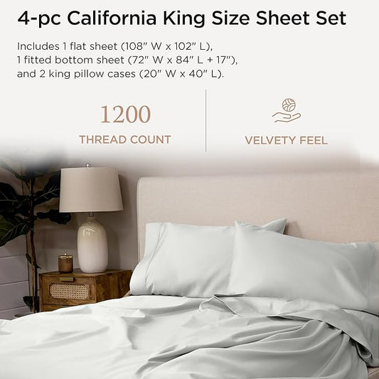 Threadmill Supima Cotton California King Sheets - 1200TC Light Grey Cal King Bed Sheets, 4 Pc with Non-Elastic Deep King Size Pocket Sheets