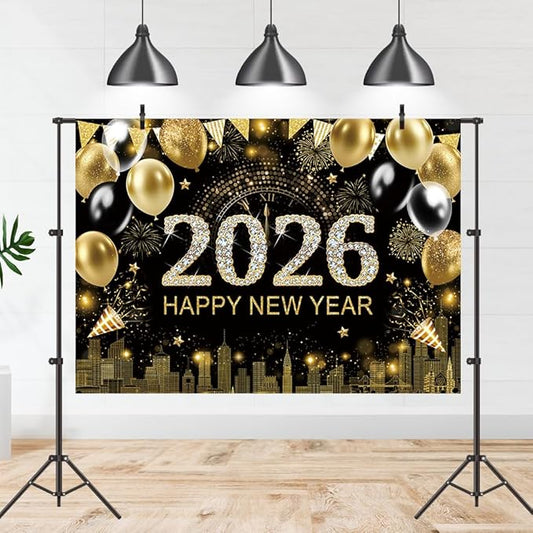 Gold 2026 Happy New Year Backdrop 7x5ft with Firework Balloon Decorations Photography Background New Year Eve Party Photo Studio Props