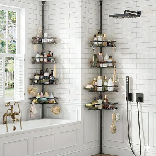 YASONIC Corner Shower Caddy Tension Pole, 25.7-109.1in Adjustable Shower Shelves, Rust-Resistant Shower Organizer, No-Drill 3-Step Installation, Bathroom Shelves for Renters & Family, Black