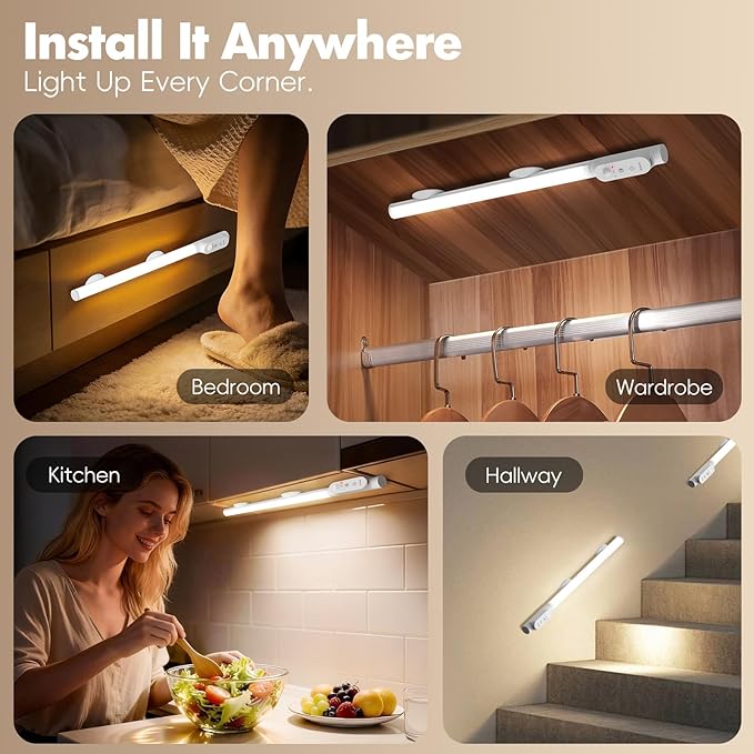 Under Cabinet Lighting Wireless, 12" Rechargeable Motion Sensor Light Indoor, 180° Rotatable Closet Light & 3 Color & Stepless Dimmable, Magnetic Under Counter Lights for Kitchen Pantry Stairs(2 Pack)