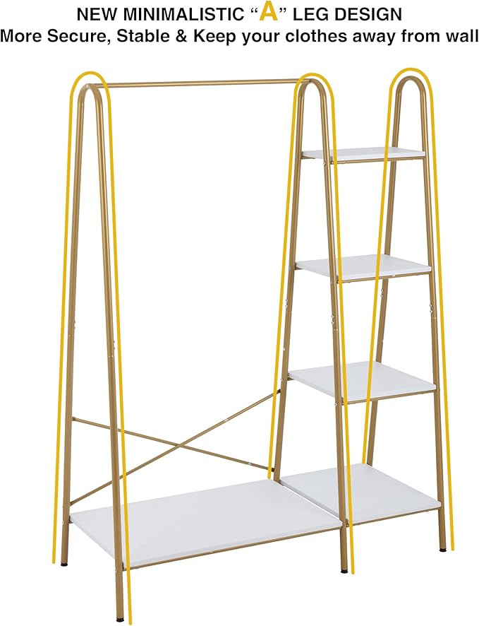 Finnhomy Clothes Rack, Clothing Rack for Hanging Clothes Heavy Duty Garment Rack with 5 Wood Shelves Freestanding Portable Closet Organizer for Bedroom/Entryway/Boutiques,Gold