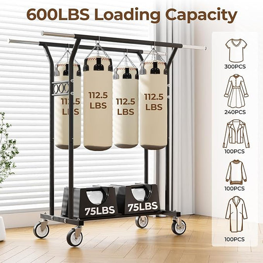 Clothing Racks for Hanging Clothes: Heavy Duty Rolling Garment Rack 600LBS Coat Rack with Wheels Shelves Portable Closet Wardrobe Adjustable Metal Sturdy Cloth Rack Hanger Storage Organizer Black