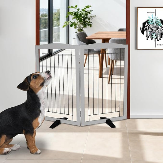 ZJSF Freestanding Dog Fence Indoor, Foldable Dog Gate for Doorways, Stairs or Hallways, Sturdy Wood Extra Wide Pet Gate with Support Feet for The House, Grey, 32 "Height-2 Panels