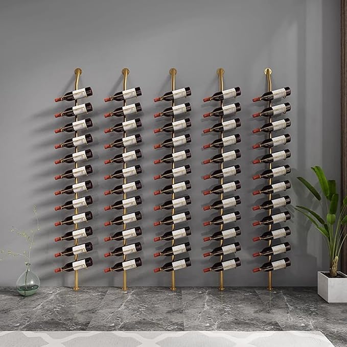 Wine Rack Wall Mounted, 72.8in High Metal Wine Bottle Holder for 12 Bottles, Kitchen Organization and Wine Storage for Commercial Restaurants Pantry Bar Wine Cellar (Gold, Five rows-60 Bottles)