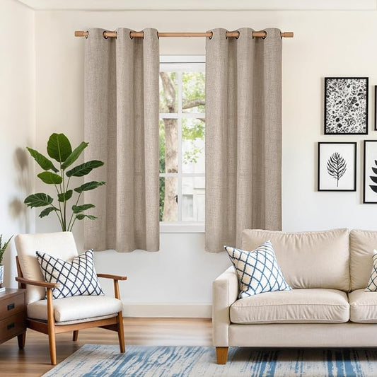 YoungsTex 63 Inch Long Linen Curtains for Living Room, Oatmeal Semi Sheer Drapes Light Filtering with Bronze Grommet for Bedroom Office Lightweight, 2 Panels, 42 X 63 Inch