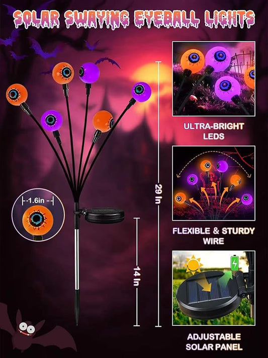 6 Pack Halloween Decorations Outdoor Solar Eyeball Lights, Purple and Orange Scary Eyeball Swaying Firefly Lights with 2 Modes, Waterproof Halloween Pathway Lights for Yard Garden Lawn Party Decor