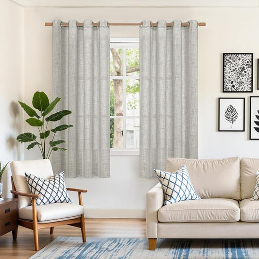YoungsTex Light Grey Linen Semi Sheer Curtains 63 Inches Long for Bedroom 2 Panels - Textured Light Filtering Window Drapes with Bronze Grommet Privacy for Living Room, 2 Panels, 52 X 63 Inch