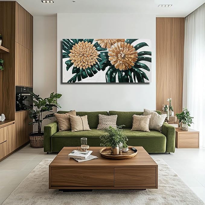 Botanical Canvas Art Gold Flowers Painting Dark Green Leaves Wall Art Photo Prints for Dining Room Office 24x48 Inch Rustic Home Decor