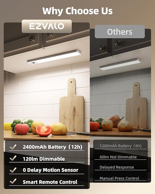 EZVALO 3 Pack Under Cabinet Lighting, Rechargeable Motion Sensor Light, LED Closet Lights Wireless, 5700K Dimmable, Timer, Magnetic, with Remote Control for Kitchen, Closet, Stair