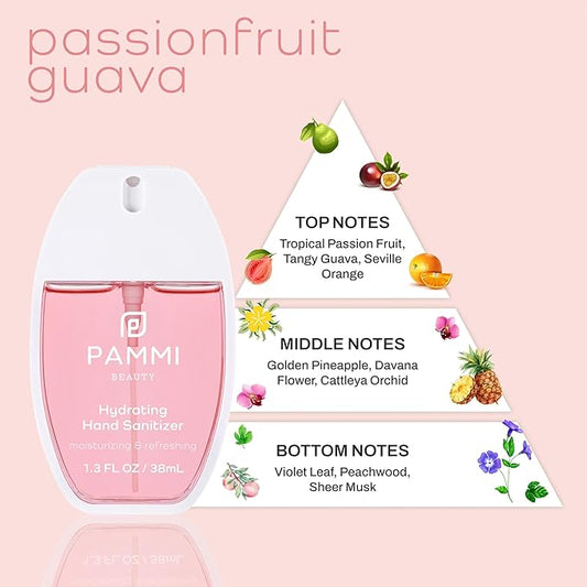 PAMMI Power Mist Hydrating Hand Sanitizer Spray, Portable Travel Size Pocket Hand Sanitizer, Scented Handsanitizer Mini Spray For Car - 600 Sprays (2 Packs (Guava, Peach))
