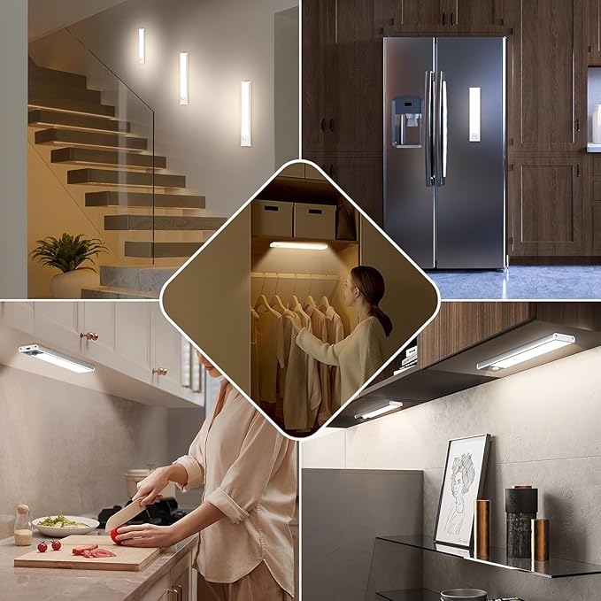 5-Pack Under Cabinet Lighting, 1800mAH Rechargeable Battery Operated Motion Sensor Lights Indoor with 3 Color Temperature, Dimmable Wireless Magnetic Under Counter Closet Lights for Kitchen, Stairs