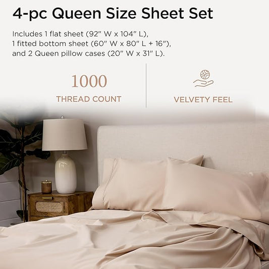 Threadmill Luxury Supima Cotton Sheets, Luxury 1000 Thread Count Soft 100% Cotton Sheets for Queen Size Bed, 4 Pc Beige Bed Queen Set, 5-Star Hotel Quality Elasticized Deep Pocket Bed Sheets Set