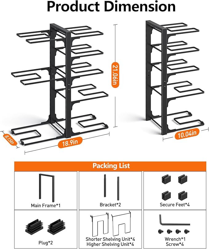 MUDEELA Pots and Pans Organizer under Cabinet, 21" Height Heavy Duty Adjustable Pot Pan Organizers inside Cabinet, 8-Tier Kitchen Cabinet Organizers and Storage for Big Stockpots, Heavy Cookware