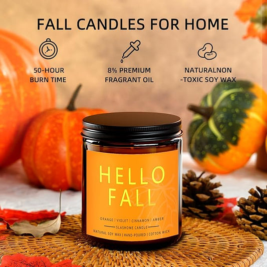 Fall Scented Candles Hello Fall 7oz – Warm Pumpkin Spice & Sweet Apple Soy Wax Candle for Cozy Autumn Home Décor, Perfect Fall Gift, 50 Hour Long Burn