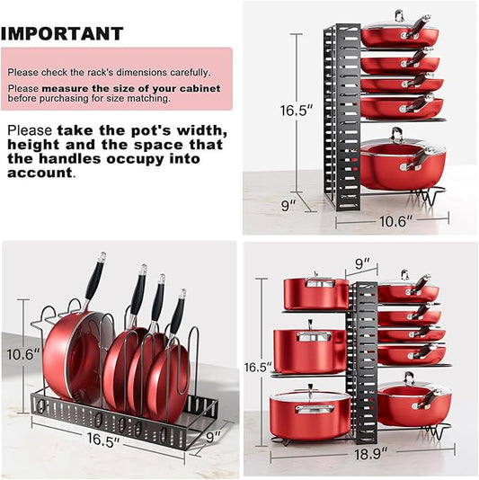 MUDEELA Pots and Pans Organizer Rack under Cabinet, 8-Tier Kitchen Organizers and Storage Pot Racks, Adjustable Pot Organizers inside Cabinet with 3 DIY Methods