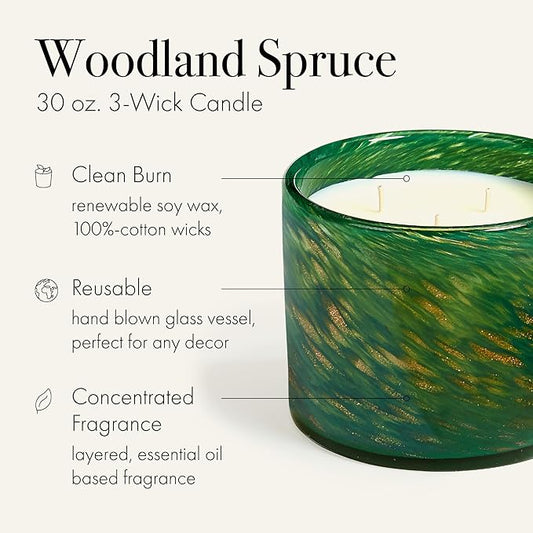 LAFCO New York Holiday 3-Wick Candle, Woodland Spruce - 30 oz - 120-Hour Burn Time - Reusable, Hand Blown Glass Vessel - Made in The USA
