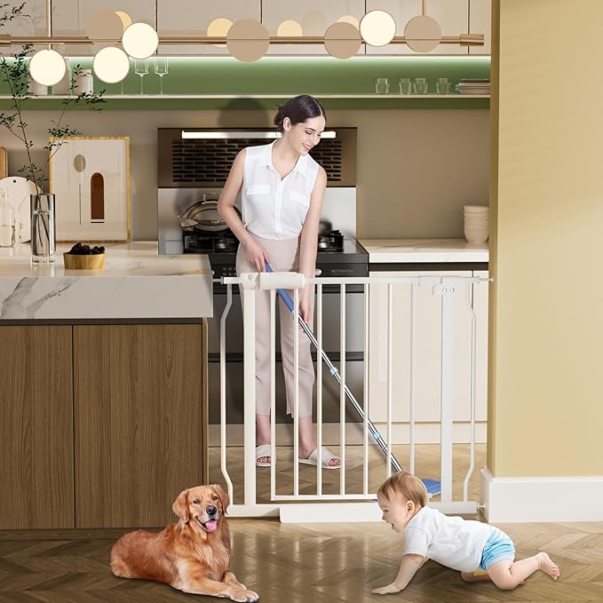 HOOEN Extra Wide Baby Gate for Doorways Stairs White Pressure Mounted Baby Gate Walk Through Child Gates for Kids or Pets Indoor Safety Gates 71.5-76.38 Inch