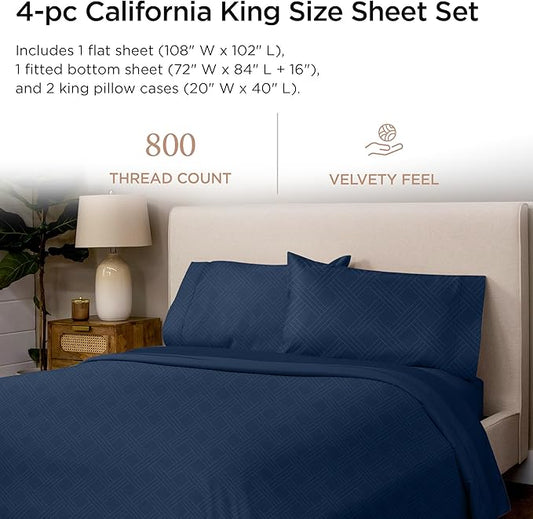 Threadmill California King Size Sheets | 800 Thread Count Jacquard Folkstone Blue | 4 Piece Striped Bed Sheets | Extra Long Staple Cotton Sheets | Luxury Damask Sheet with Elasticized Deep Pocket