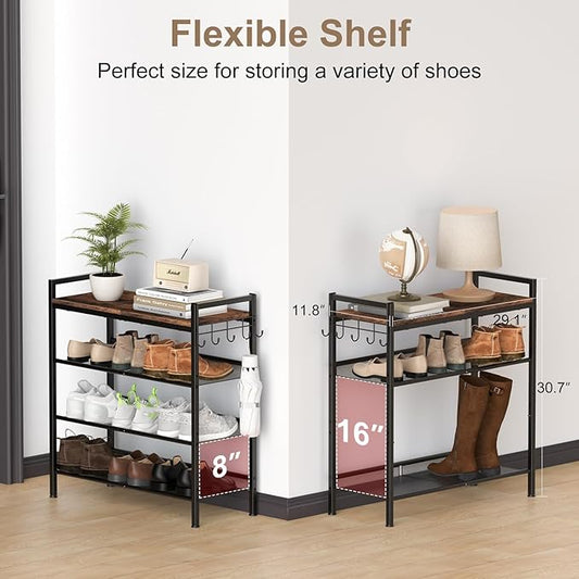 Refrze Shoe Rack for Front Door Entrance, 4 Tier Height-Adjustable Metal Shoe Rack, Sturdy Wooden Top and Tiltable Steel Frame Heavy Duty Shoe Organizer for Bathroom,Bedroom,Kitchen,Include Hook