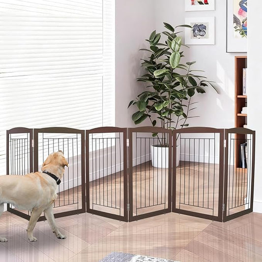 ZJSF Freestanding Foldable Dog Gate for House Extra Wide Wooden Brown Puppy Gate Stairs Dog Gates Doorways Tall Pet Gate 32 "Height 6 Panels Pet Fence