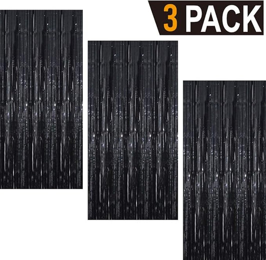 GOER 3.2 ft x 9.8 ft Metallic Tinsel Foil Fringe Curtains Party Photo Backdrop Party Streamers for Halloween,Birthday,Graduation,New Year Eve Decorations Wedding Decor (3 Packs,Black)