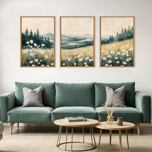Large Misty Mountain Framed Canvas Wall Art,Nature Daisy Flower Wall Decor,Modern Foggy Forest Wall Painting,Abstract Woodland Landscape Artwork for Living Room,Bedroom,Dining Room-16"x24"x3