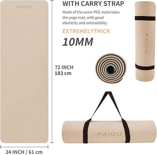 Yoga Mat Non Slip Anti-tear,extra thick-2/5 inch(10MM)High Resiliency Professional POE Yoga Mats for Women Men Kids,72"x24"inch,Workout, Yoga, Pilates and Floor Exercise, with Carrier Strap