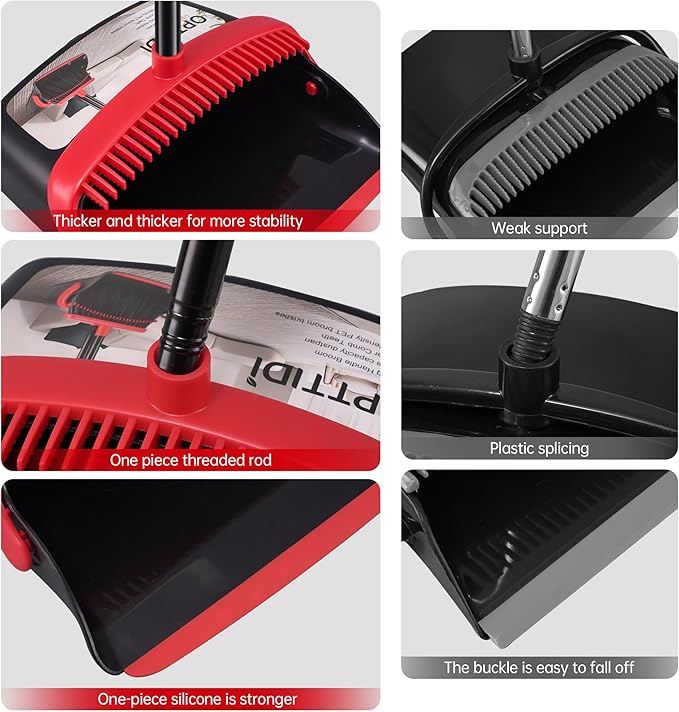 Broom with Dustpan Combo Set, Hand Broom and Dustpan Set for Sweeping Indoor Angle Broom for Home Office Kitchen Lobby Floor Pet Hair Indoor&Outdoor Cleaning (Big Black&Red)
