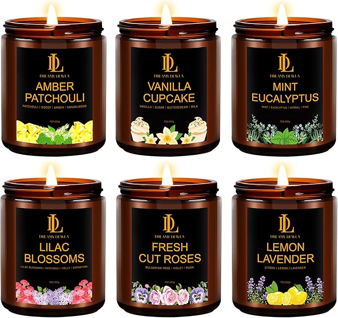 6 Pack Candles for Home Scented, Christmas Holiday Candles Gifts for Women Men, Soy Candle Set Scents of Fresh Cut Roses/Lemon Lavender/Vanilla Cupcake/Amber Patchouli/Lilac Blossoms/Mint Eucalyptus