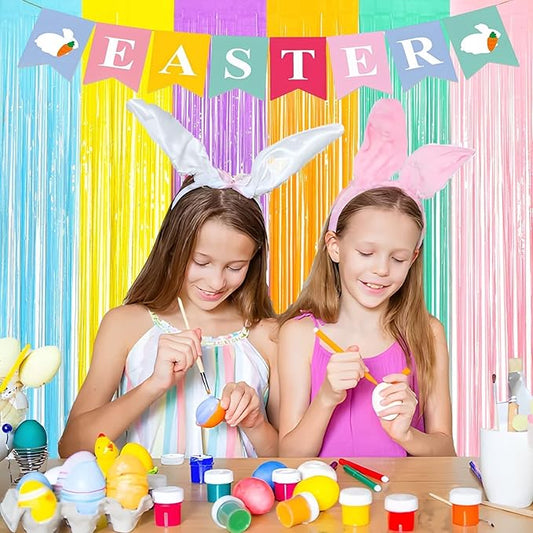 BRAVESHINE Tinsel Foil Fringe Curtains - 2Pcs 3.2x8.2ft Pastel Colourful Photo Backdrop for Christmas New Years Princess Birthdays Easter Bunny Bridal Shower Fairy Candy Donuts Party Decorations