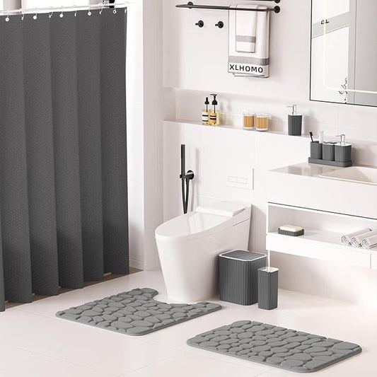 Bathroom Accessories Set- 25PC Grey Bathroom Set, Bathroom Set with Shower Curtain and Rugs, Shower Curtain Set, Toilet Brush, Trash Can, Qtip Holder Dispenser & Soap Dispenser