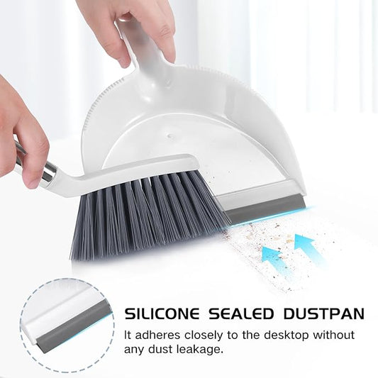 NACENA Mini Broom and Dustpan Set, Small Dust Pan and Brush Set with Handle Dustpan Teeth for Cleaning Hair Suitable for Office Desks Drawers Sofas Pet Care Outdoor Camping, White & Gray
