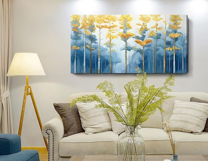 ARTZON Large Tree of Life Wall Art for Living Room Modern Abstract Blue Yellow Birch Print Botanical Nature Horizontal Picture Fall Forest Landscape Canvas Artwork Bedroom Office Dining Decor 48"x24"