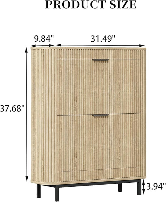 Shoe Cabinet with 2 Flip Drawers, Arc Narrow Wood Shoe Storage Cabinet with Fluted Panel and Metal Legs, Freestanding Wood Hidden Shoe Rack Cabinet for Foyer, Hallway, Nature
